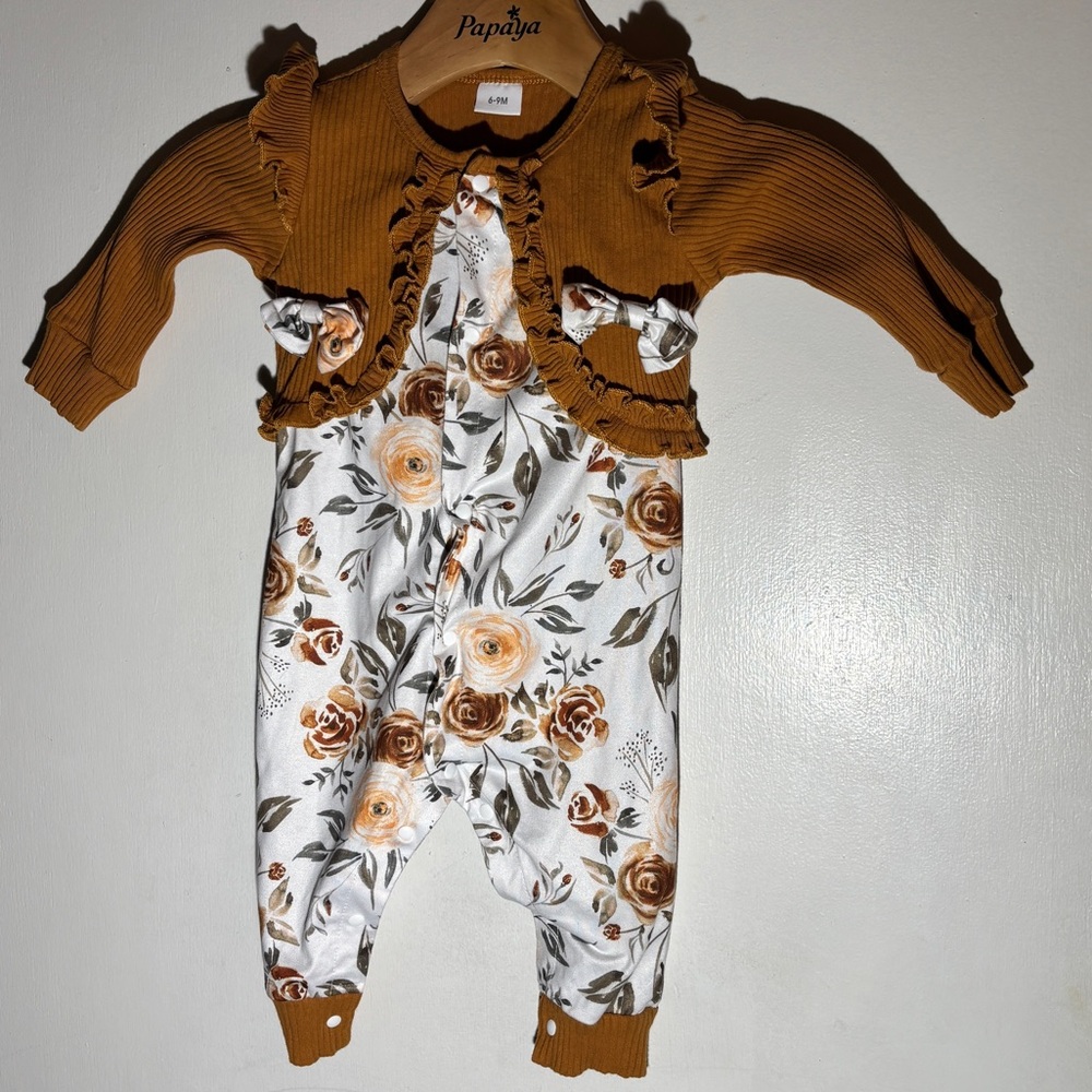 Floral Kids One Piece - Brown and White 6-9 months